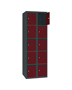 Metalen locker met 10 vakken - H.180 x B.60 cm Antracietgrijs (RAL7016) Wijnrood (RAL3005)