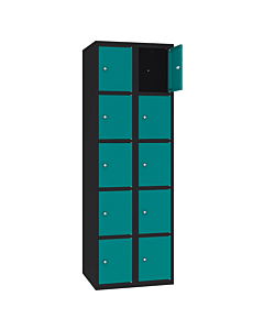 Metalen locker met 10 vakken - H.180 x B.60 cm Gitzwart (RAL9005) Turkooisblauw (RAL5018)