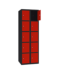Metalen locker met 10 vakken - H.180 x B.60 cm Gitzwart (RAL9005) Verkeersrood (RAL3020)
