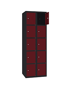 Metalen locker met 10 vakken - H.180 x B.60 cm Gitzwart (RAL9005) Wijnrood (RAL3005)