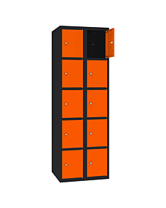 Metalen locker met 10 vakken - H.180 x B.60 cm Gitzwart (RAL9005) Zuiver oranje (RAL2004)
