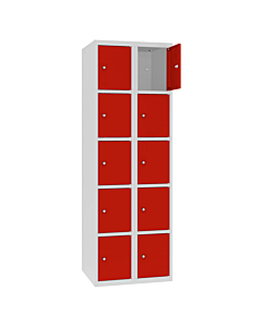 Metalen locker met 10 vakken - H.180 x B.60 cm Lichtgrijs (RAL7035) Verkeersrood (RAL3020)