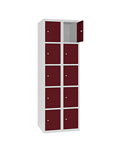 Metalen locker met 10 vakken - H.180 x B.60 cm Lichtgrijs (RAL7035) Wijnrood (RAL3005)