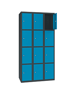 Metalen locker met 12 vakken - H.180 x B.90 cm Antracietgrijs (RAL7016) Lichtblauw (RAL5012)