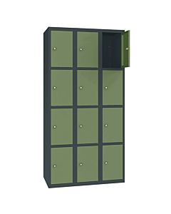 Metalen locker met 12 vakken - H.180 x B.90 cm Antracietgrijs (RAL7016) Resedagroen (RAL6011)