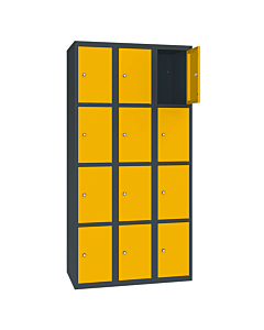 Metalen locker met 12 vakken - H.180 x B.90 cm Antracietgrijs (RAL7016) Verkeersgeel (RAL1023)