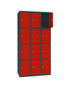 Metalen locker met 12 vakken - H.180 x B.90 cm Antracietgrijs (RAL7016) Verkeersrood (RAL3020)