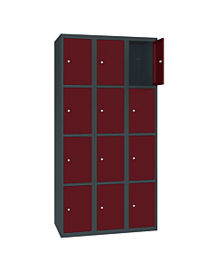 Metalen locker met 12 vakken - H.180 x B.90 cm Antracietgrijs (RAL7016) Wijnrood (RAL3005)