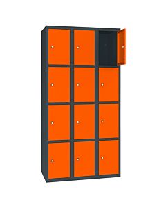 Metalen locker met 12 vakken - H.180 x B.90 cm Antracietgrijs (RAL7016) Zuiver oranje (RAL2004)