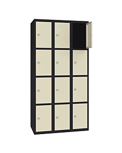 Metalen locker met 12 vakken - H.180 x B.90 cm Gitzwart (RAL9005) Kiezelgrijs (RAL7032)