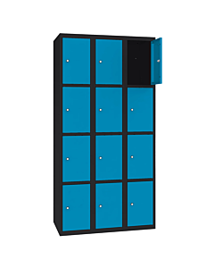 Metalen locker met 12 vakken - H.180 x B.90 cm Gitzwart (RAL9005) Lichtblauw (RAL5012)