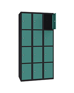 Metalen locker met 12 vakken - H.180 x B.90 cm Gitzwart (RAL9005) Mintturquoise (RAL6033)