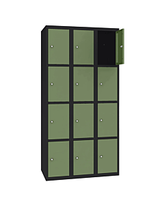 Metalen locker met 12 vakken - H.180 x B.90 cm Gitzwart (RAL9005) Resedagroen (RAL6011)