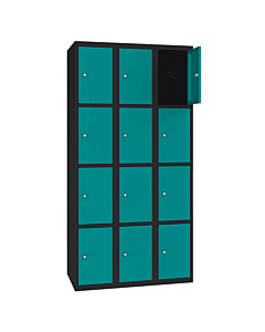 Metalen locker met 12 vakken - H.180 x B.90 cm Gitzwart (RAL9005) Turkooisblauw (RAL5018)