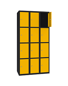 Metalen locker met 12 vakken - H.180 x B.90 cm Gitzwart (RAL9005) Verkeersgeel (RAL1023)