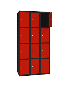 Metalen locker met 12 vakken - H.180 x B.90 cm Gitzwart (RAL9005) Verkeersrood (RAL3020)
