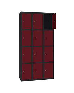 Metalen locker met 12 vakken - H.180 x B.90 cm Gitzwart (RAL9005) Wijnrood (RAL3005)
