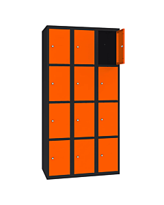 Metalen locker met 12 vakken - H.180 x B.90 cm Gitzwart (RAL9005) Zuiver oranje (RAL2004)