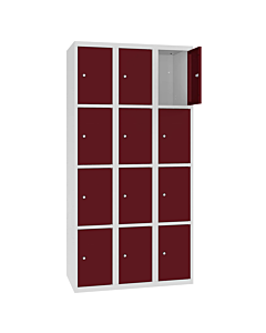 Metalen locker met 12 vakken - H.180 x B.90 cm Lichtgrijs (RAL7035) Wijnrood (RAL3005)