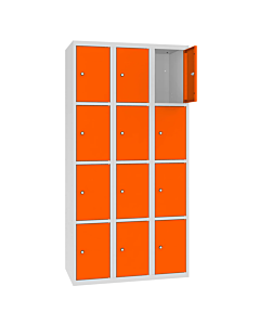 Metalen locker met 12 vakken - H.180 x B.90 cm Lichtgrijs (RAL7035) Zuiver oranje (RAL2004)
