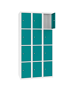 Metalen locker met 12 vakken - H.180 x B.90 cm Zuiver wit (RAL9010) Turkooisblauw (RAL5018)