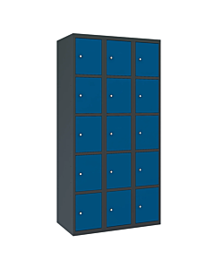 Metalen locker met 15 vakken - H.180 x B.90 cm Antracietgrijs (RAL7016) Gentiaanblauw (RAL5010)