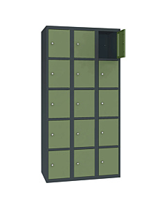 Metalen locker met 15 vakken - H.180 x B.90 cm Antracietgrijs (RAL7016) Resedagroen (RAL6011)