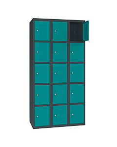 Metalen locker met 15 vakken - H.180 x B.90 cm Antracietgrijs (RAL7016) Turkooisblauw (RAL5018)