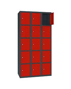 Metalen locker met 15 vakken - H.180 x B.90 cm Antracietgrijs (RAL7016) Verkeersrood (RAL3020)