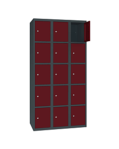 Metalen locker met 15 vakken - H.180 x B.90 cm Antracietgrijs (RAL7016) Wijnrood (RAL3005)