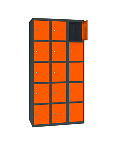 Metalen locker met 15 vakken - H.180 x B.90 cm Antracietgrijs (RAL7016) Zuiver oranje (RAL2004)