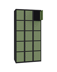 Metalen locker met 15 vakken - H.180 x B.90 cm Gitzwart (RAL9005) Resedagroen (RAL6011)