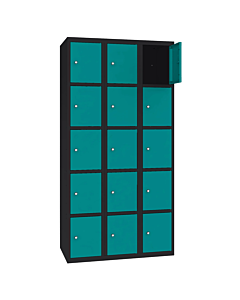 Metalen locker met 15 vakken - H.180 x B.90 cm Gitzwart (RAL9005) Turkooisblauw (RAL5018)