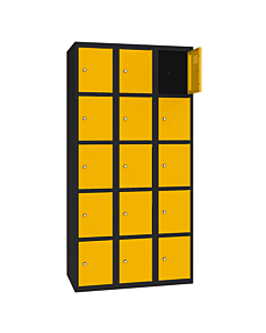 Metalen locker met 15 vakken - H.180 x B.90 cm Gitzwart (RAL9005) Verkeersgeel (RAL1023)