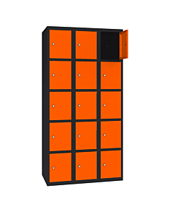 Metalen locker met 15 vakken - H.180 x B.90 cm Gitzwart (RAL9005) Zuiver oranje (RAL2004)
