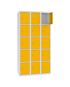 Metalen locker met 15 vakken - H.180 x B.90 cm Lichtgrijs (RAL7035) Verkeersgeel (RAL1023)