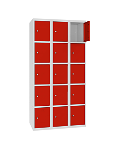 Metalen locker met 15 vakken - H.180 x B.90 cm Lichtgrijs (RAL7035) Verkeersrood (RAL3020)