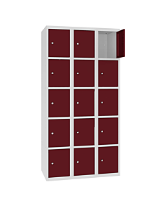 Metalen locker met 15 vakken - H.180 x B.90 cm Lichtgrijs (RAL7035) Wijnrood (RAL3005)