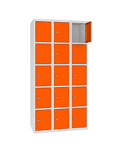 Metalen locker met 15 vakken - H.180 x B.90 cm Lichtgrijs (RAL7035) Zuiver oranje (RAL2004)