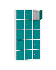 Metalen locker met 15 vakken - H.180 x B.90 cm Zuiver wit (RAL9010) Turkooisblauw (RAL5018)