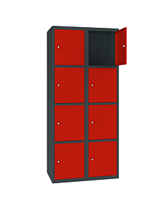 Metalen locker met 8 vakken - H.180 x B.60 cm Antracietgrijs (RAL7016) Verkeersrood (RAL3020)