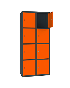 Metalen locker met 8 vakken - H.180 x B.60 cm Antracietgrijs (RAL7016) Zuiver oranje (RAL2004)