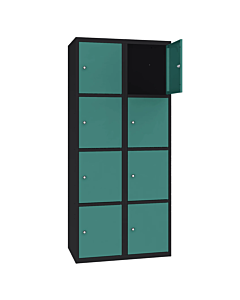 Metalen locker met 8 vakken - H.180 x B.60 cm Gitzwart (RAL9005) Turkooisblauw (RAL5018)