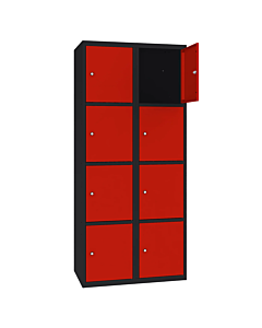 Metalen locker met 8 vakken - H.180 x B.60 cm Gitzwart (RAL9005) Verkeersrood (RAL3020)