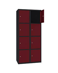 Metalen locker met 8 vakken - H.180 x B.60 cm Gitzwart (RAL9005) Wijnrood (RAL3005)