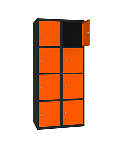 Metalen locker met 8 vakken - H.180 x B.60 cm Gitzwart (RAL9005) Zuiver oranje (RAL2004)