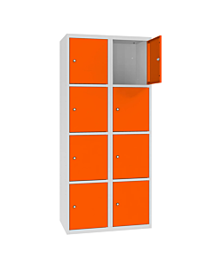 Metalen locker met 8 vakken - H.180 x B.60 cm Lichtgrijs (RAL7035) Zuiver oranje (RAL2004)