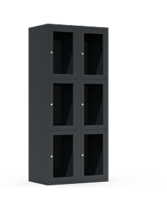 Metalen locker met 6 vakken en plexiglas deuren (breed model) - H.180 x B.80 cm Antraciet (RAL7024) Antraciet (RAL7024)