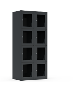 Metalen locker met 8 vakken en plexiglas deuren (breed model) - H.180 x B.80 cm Antraciet (RAL7024) Antraciet (RAL7024)