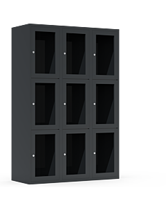 Metalen locker met 9 vakken en plexiglas deuren (breed model) - H.180 x B.120 cm Antraciet (RAL7024) Antraciet (RAL7024)
